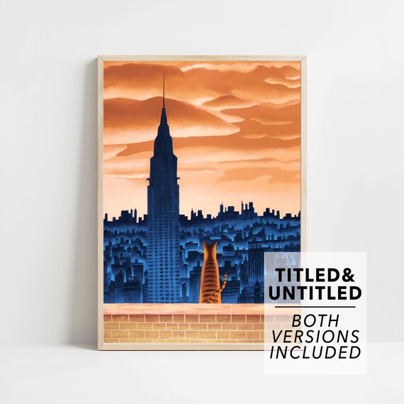 Orange Tabby Cat Empire State Building Sunset Skyline Art Poster