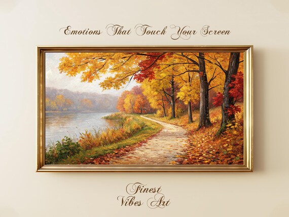 Autumn River Path Golden Foliage Lakeside Landscape Painting Print