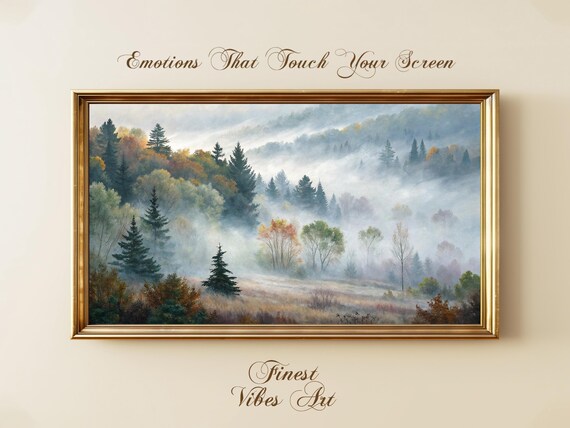 Misty Autumn Forest Foggy Pines Vintage Landscape Painting Print