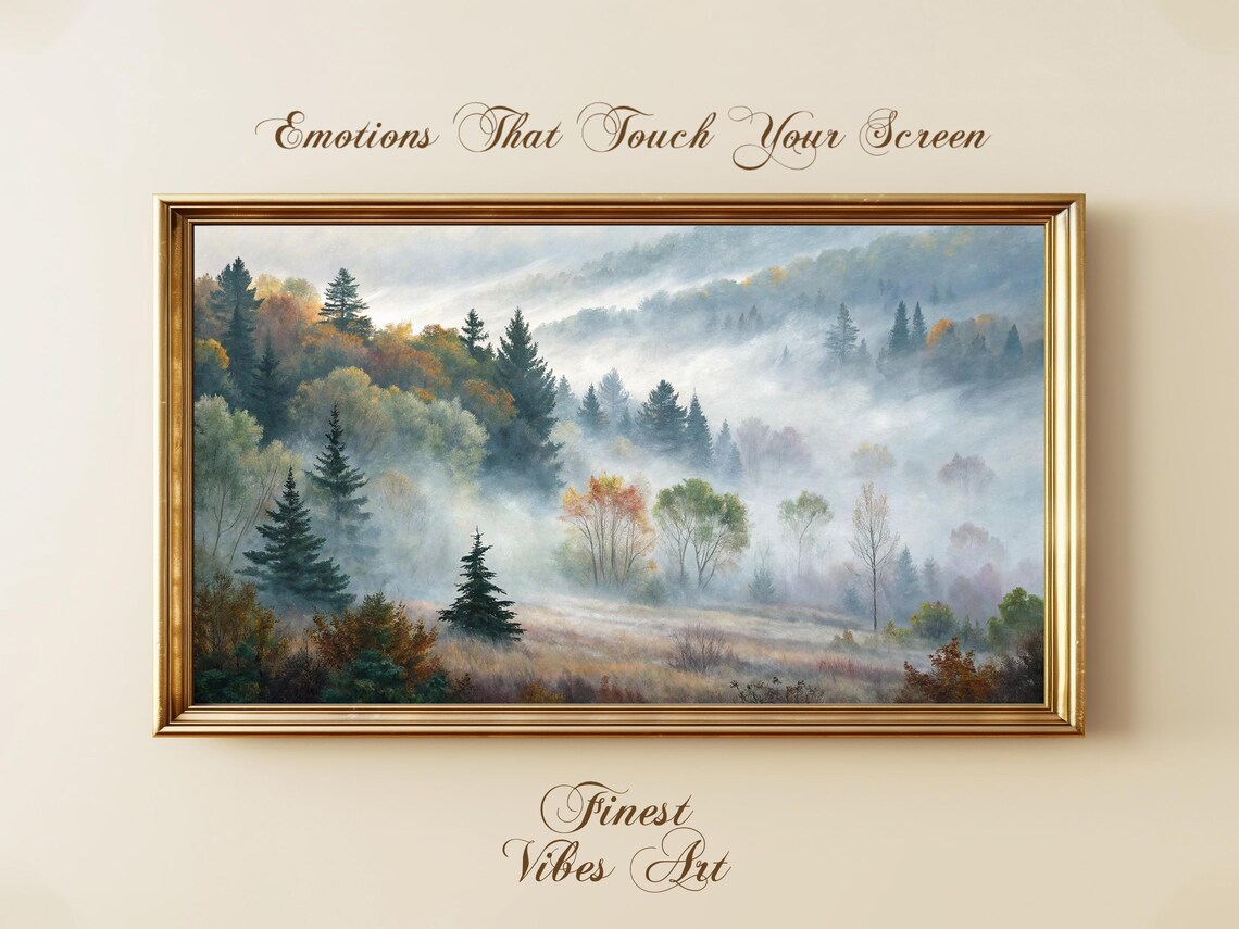 Misty Autumn Forest Foggy Pines Vintage Landscape Painting Print