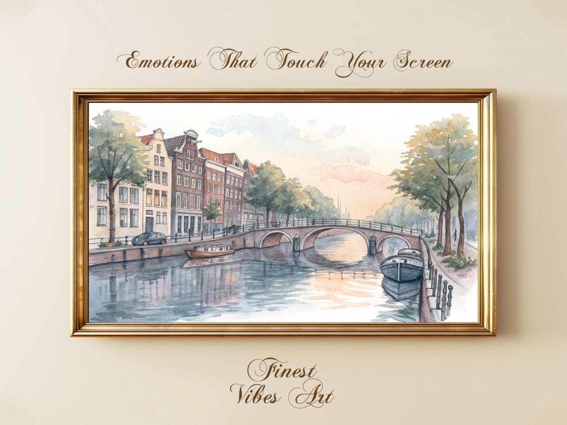 Amsterdam Canal Watercolor Art Frame Tv European Cityscape Peaceful Sunset