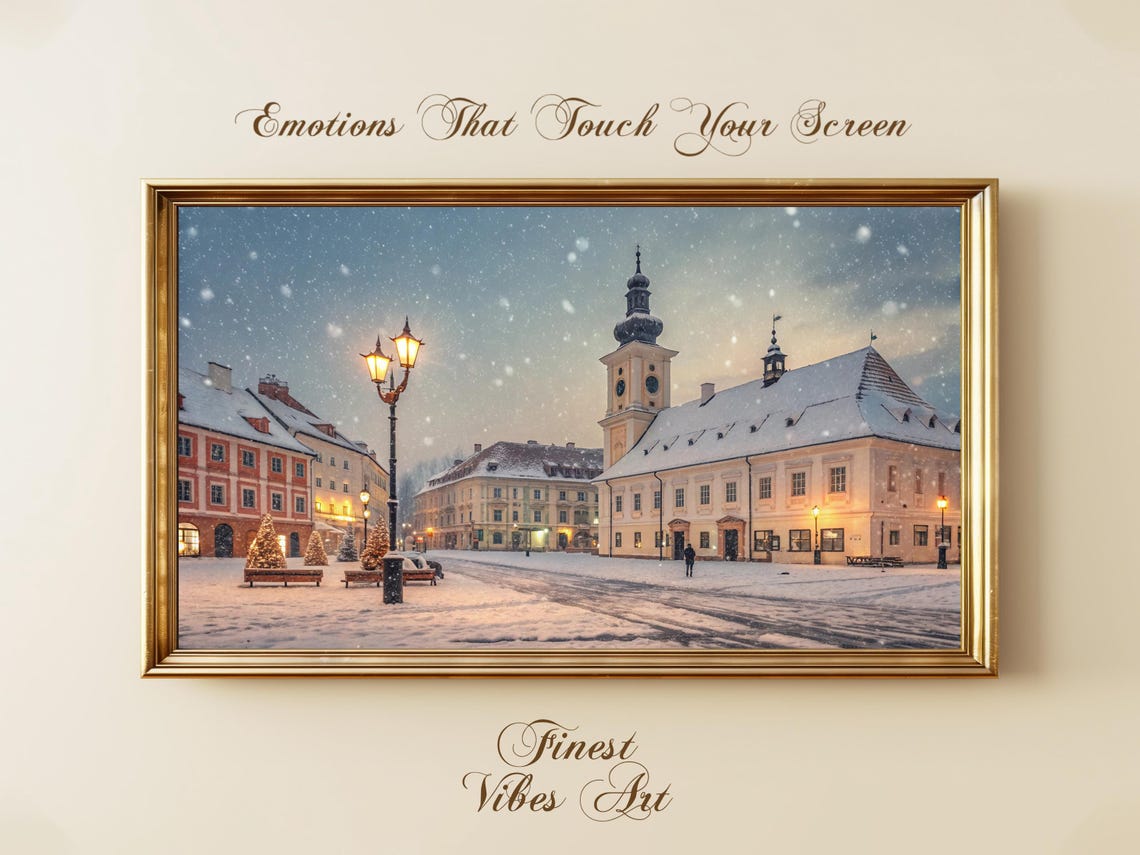 Snowy Medieval Old Town Square Winter Dusk Falling Snow Poster