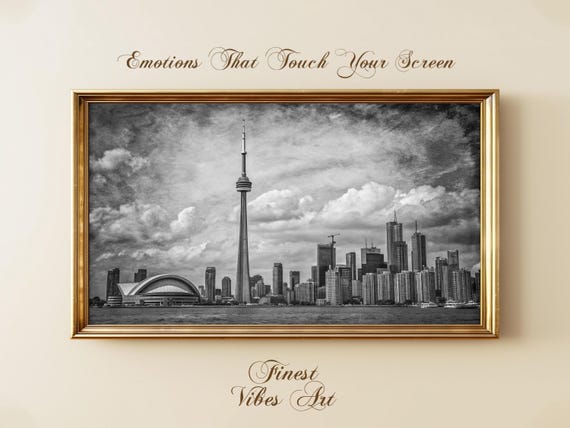 Black And White Toronto Skyline Art With Cn Tower Canada Cityscape Modern Minimal