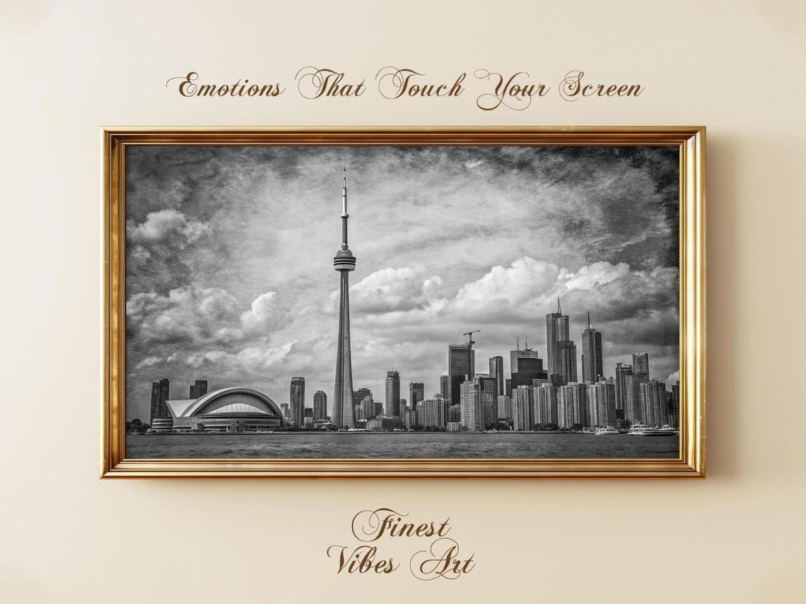 Black And White Toronto Skyline Art With Cn Tower Canada Cityscape Modern Minimal