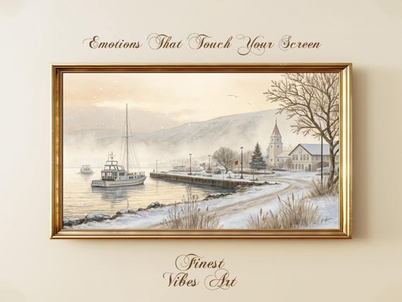 Akureyri Winter Harbor Cityscape Watercolor Artwork For Frame Tv