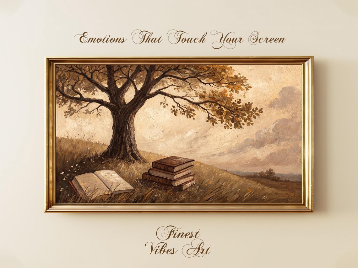 Rustic Autumn Oil Painting Old Tree Books On Golden Hill Poster