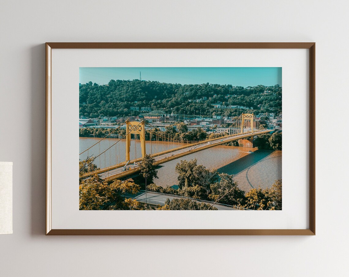 Pittsburgh Yellow Suspension Bridge River Cityscape Photo Poster