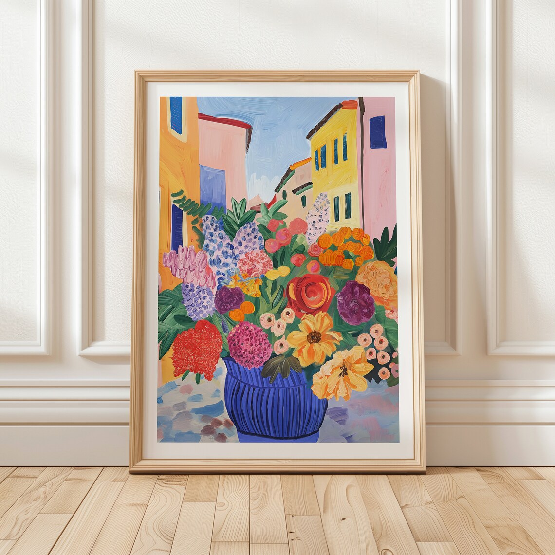 Italian Street with Flowers in Blue Vase Colorful Buildings Poster - Image 2