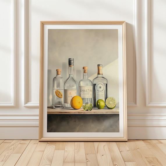 Gin Bottle Collection with Citrus Fruit on a Wooden Bar Shelf Poster