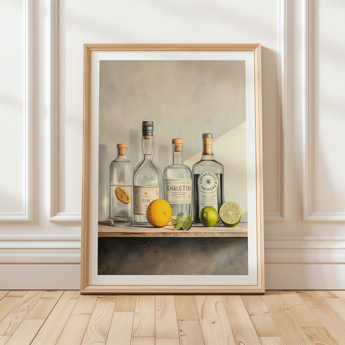 Gin Bottle Collection with Citrus Fruit on a Wooden Bar Shelf Poster