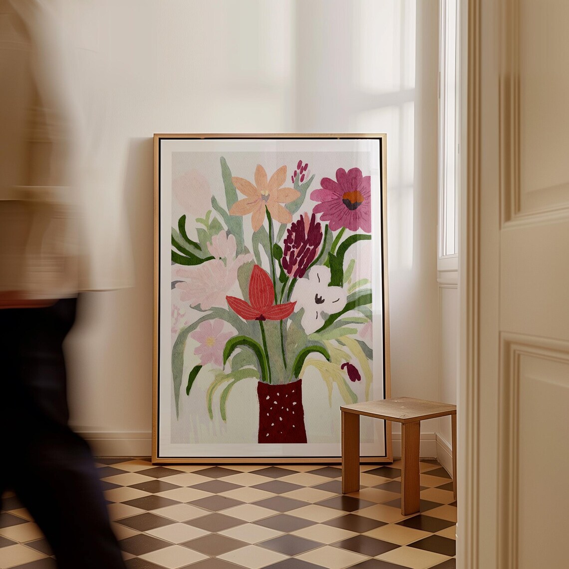 Colorful Wildflower Bouquet in Red Vase Watercolor Floral Poster