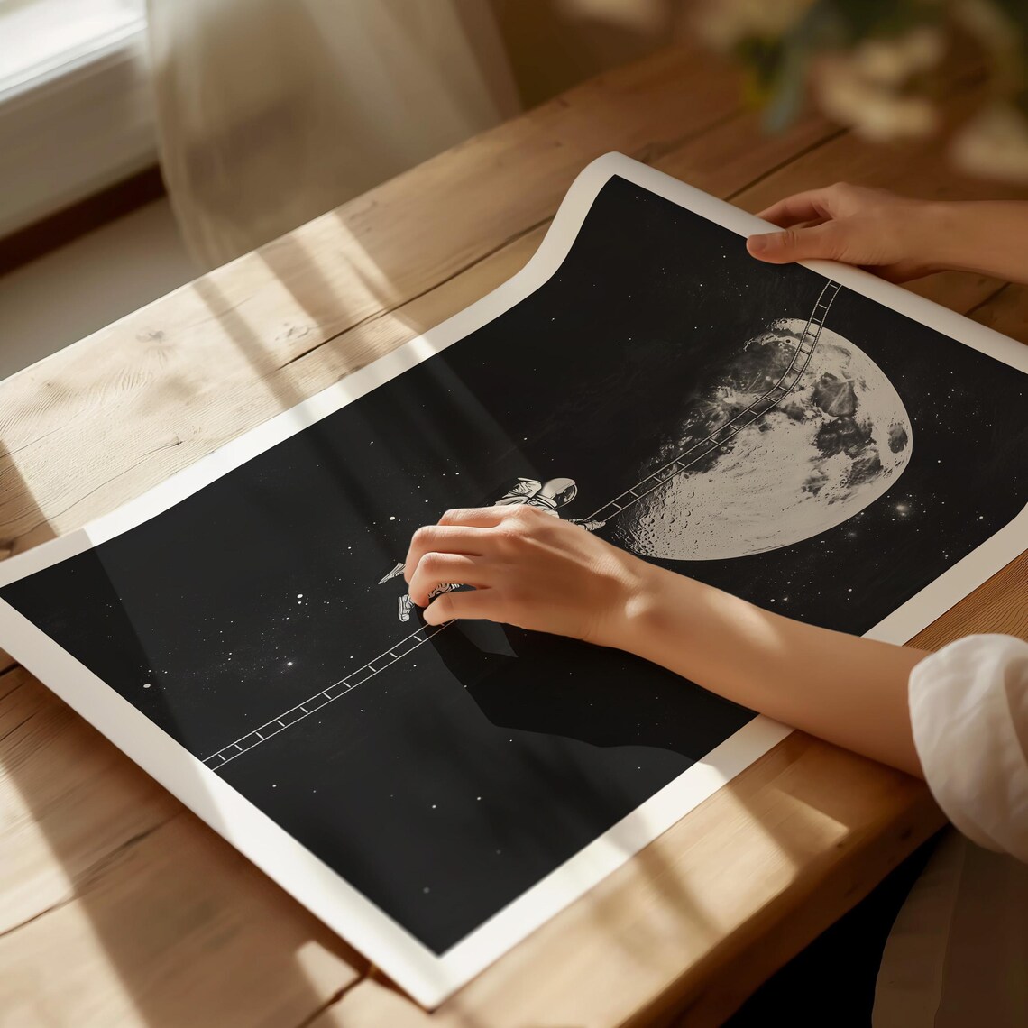Astronaut Climbing a Ladder to the Moon Black and White Space Poster - Image 3