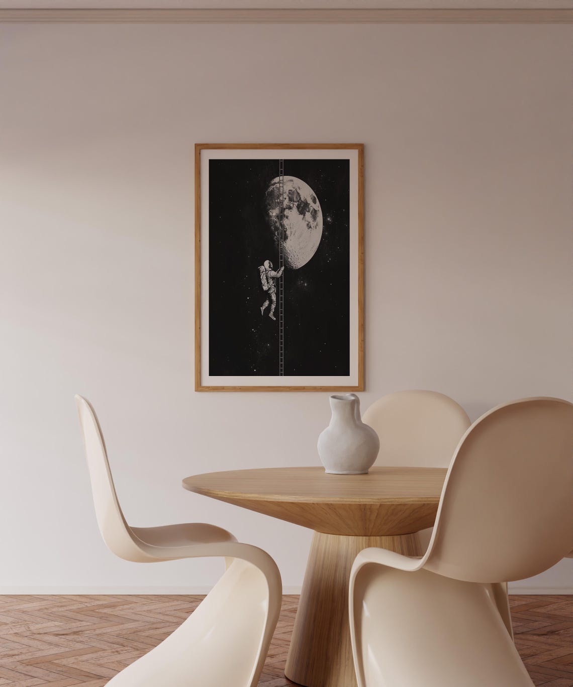 Astronaut Climbing a Ladder to the Moon Black and White Space Poster - Image 2