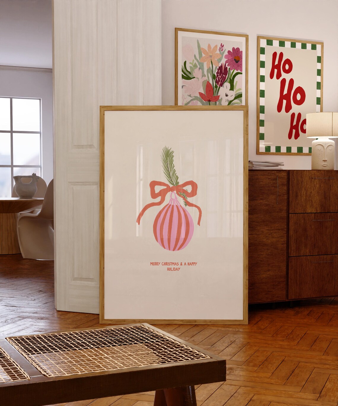 Striped Red Christmas Ornament Illustration With Bow And Pine Sprig Poster - Image 4