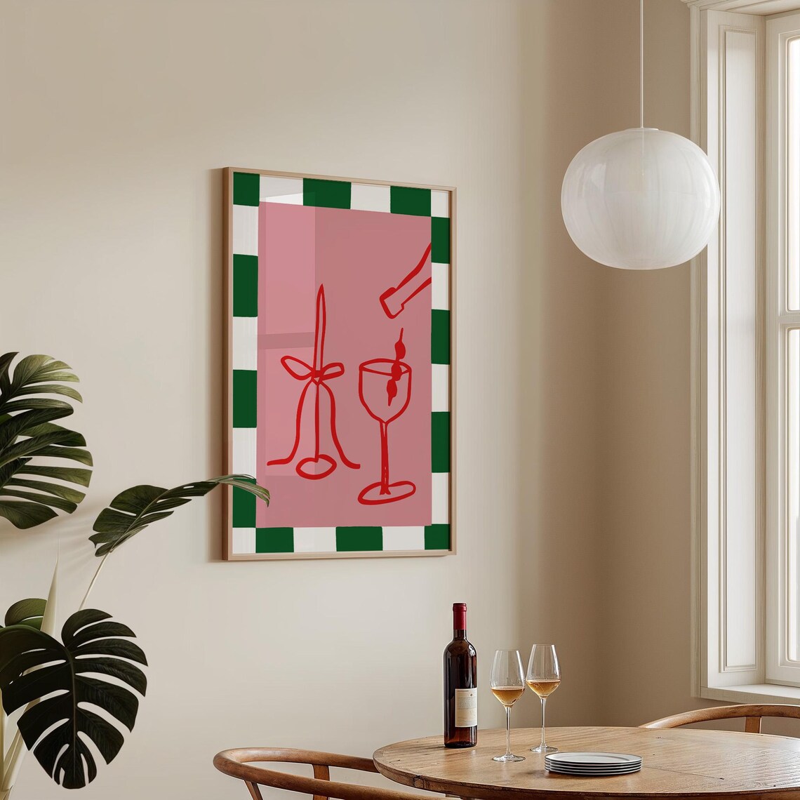Pink Cocktail Bar Art Martini Glass and Candle Red Line Poster - Image 3
