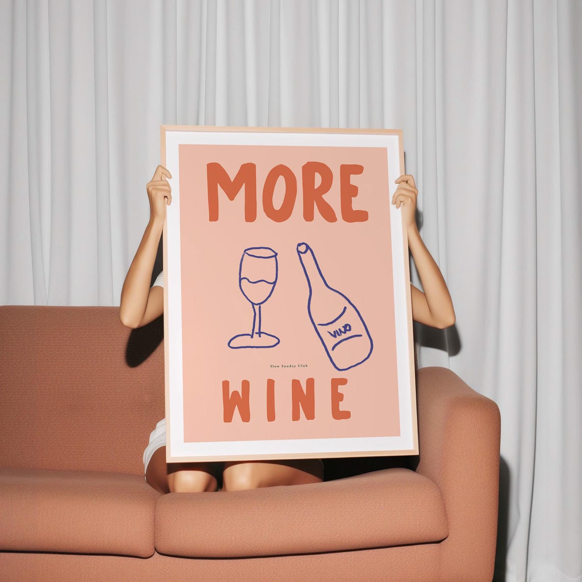 More Wine Playful Peach Typography With Wine Glass And Bottle Poster - Image 2