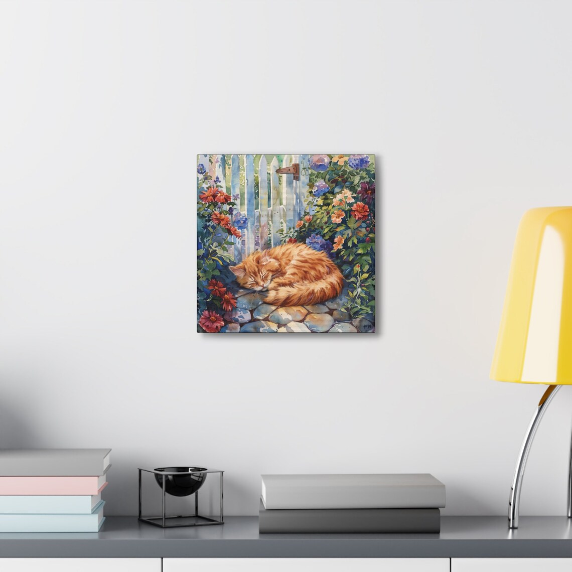 Orange Longhair Cat Napping in a Garden by a Wooden Fence Poster - Image 4