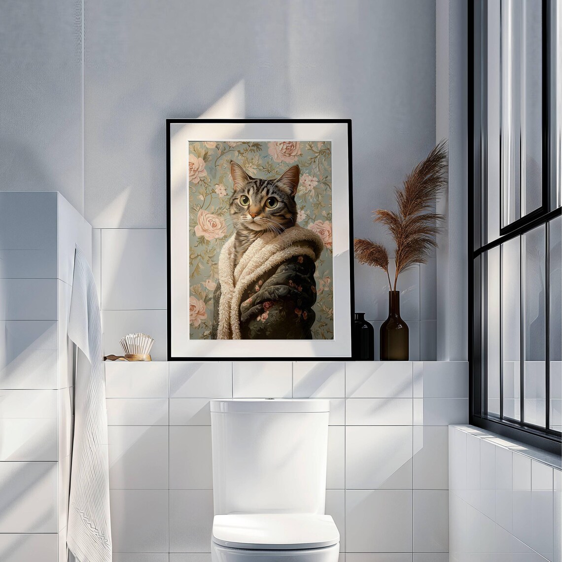 Gray Mackerel Tabby Cat In Bathrobe, Whimsical Print - Image 7