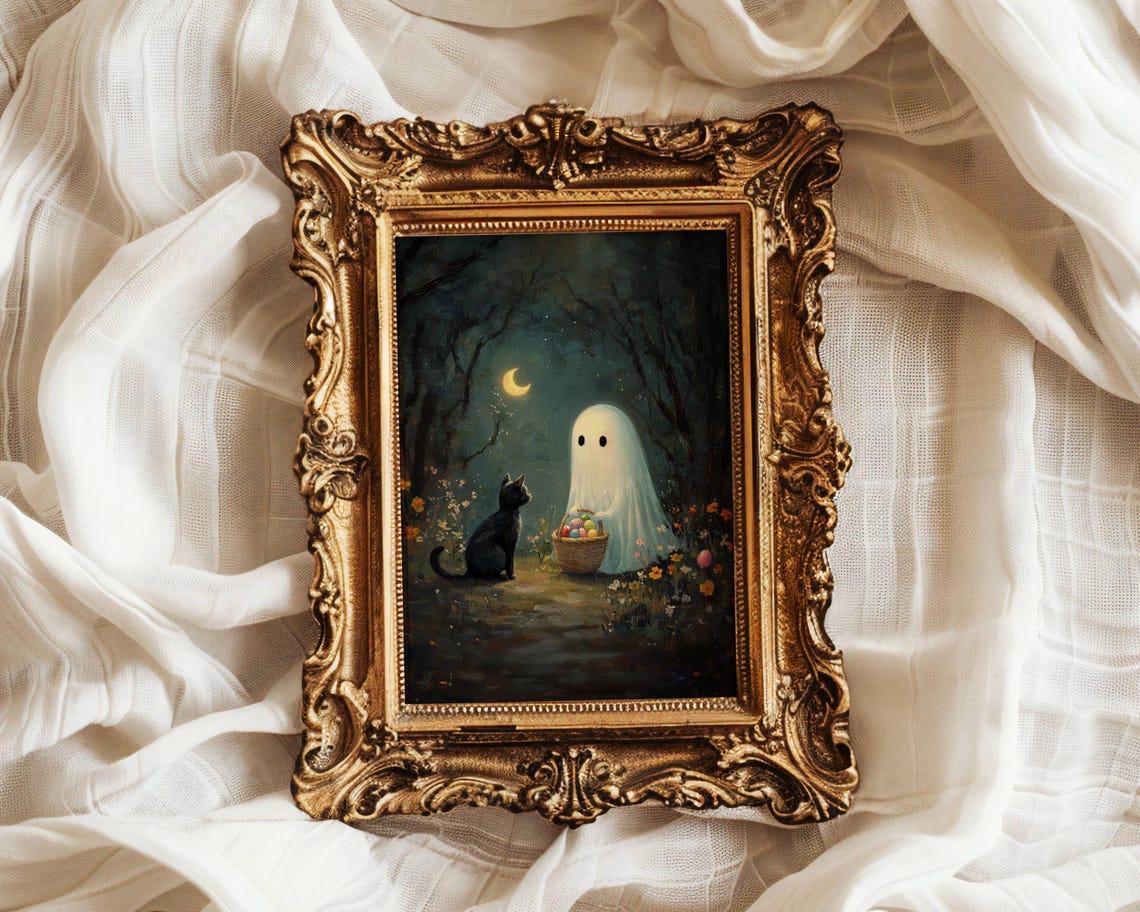 Ghost With an Easter Basket and Black Cat by Moonlight Poster - Image 5