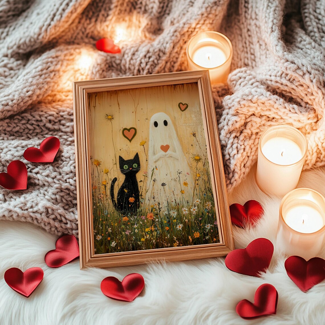 Gentle Ghost Holding a Heart Beside a Black Cat in a Golden Meadow Poster - Image 6