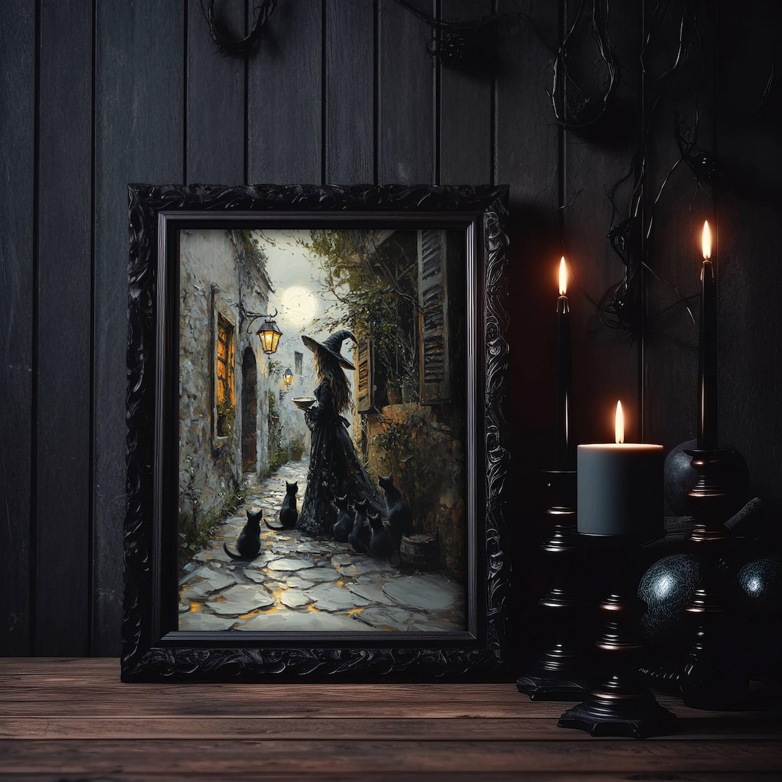 Witch Feeding Cats, Whimsigoth Cat Wall Art Print - Image 6