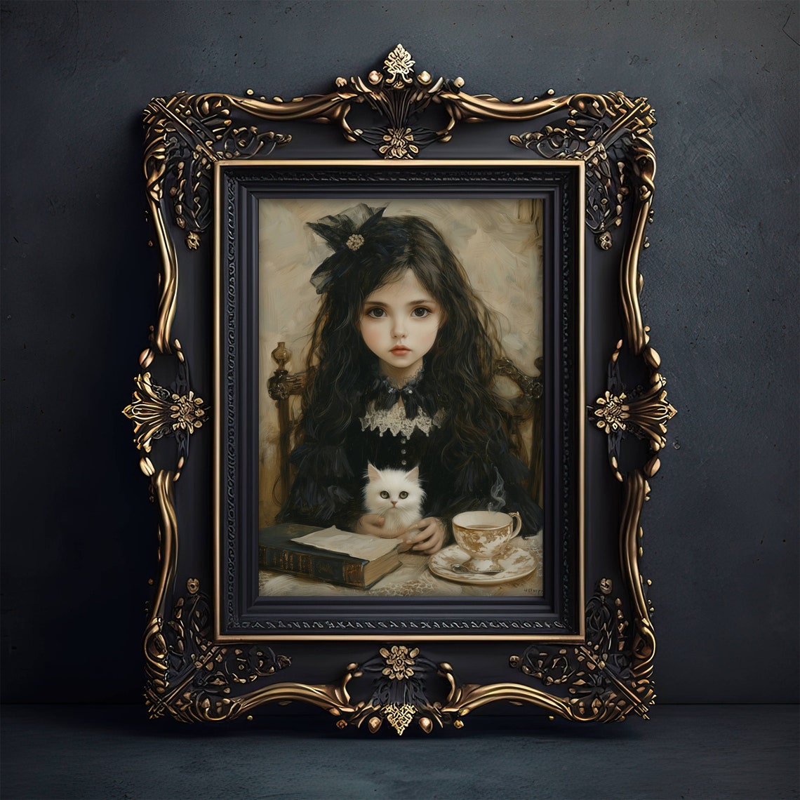 Gothic Portrait of a Girl Holding a White Cat at a Tea Table Poster - Image 3