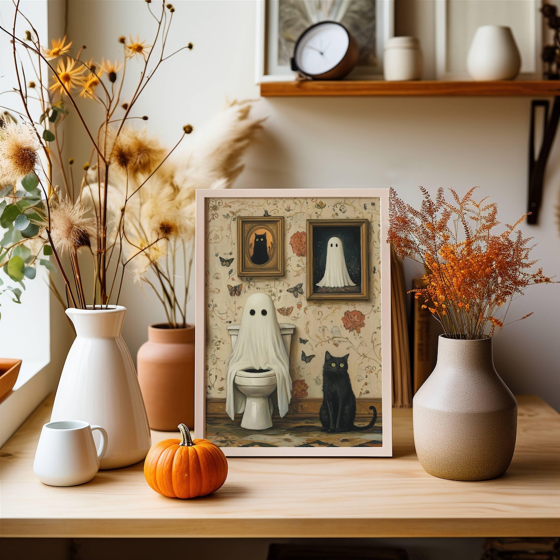 Ghost And Cat Bathroom Poster Print, Whimsical Pet Art - Image 4