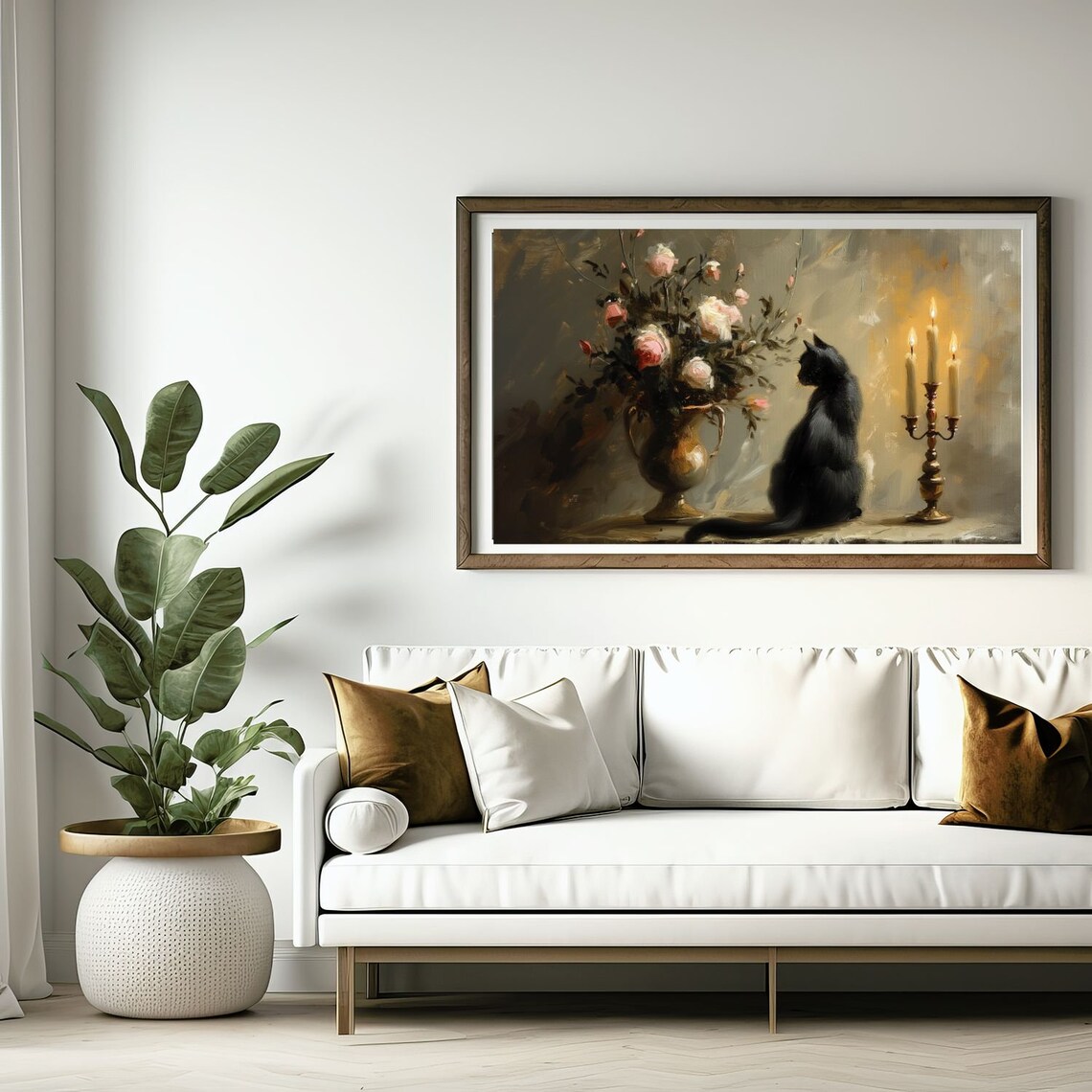 Moody Floral Black Cat, Botanical Art Print Decor - Image 3