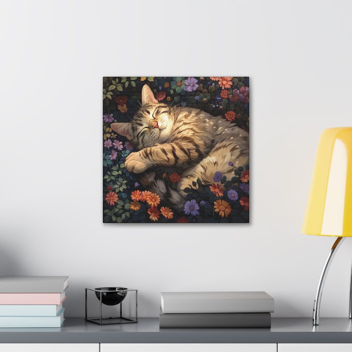Tabby Cat Sleeping in a Colorful Summer Wildflower Bed Poster - Image 3