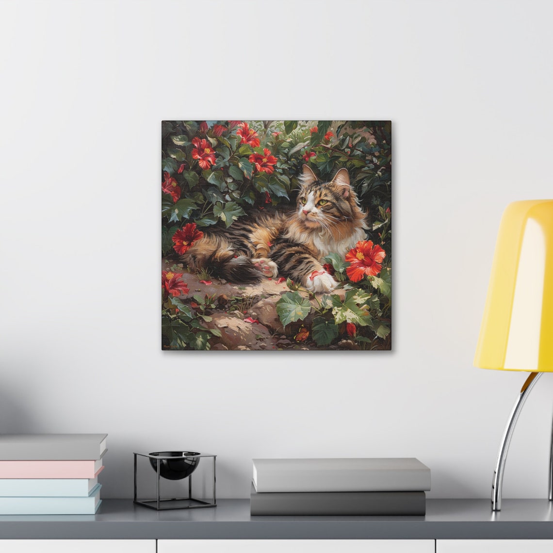 Long Haired Tabby Cat Resting Among Red Hibiscus Flowers Poster - Image 5