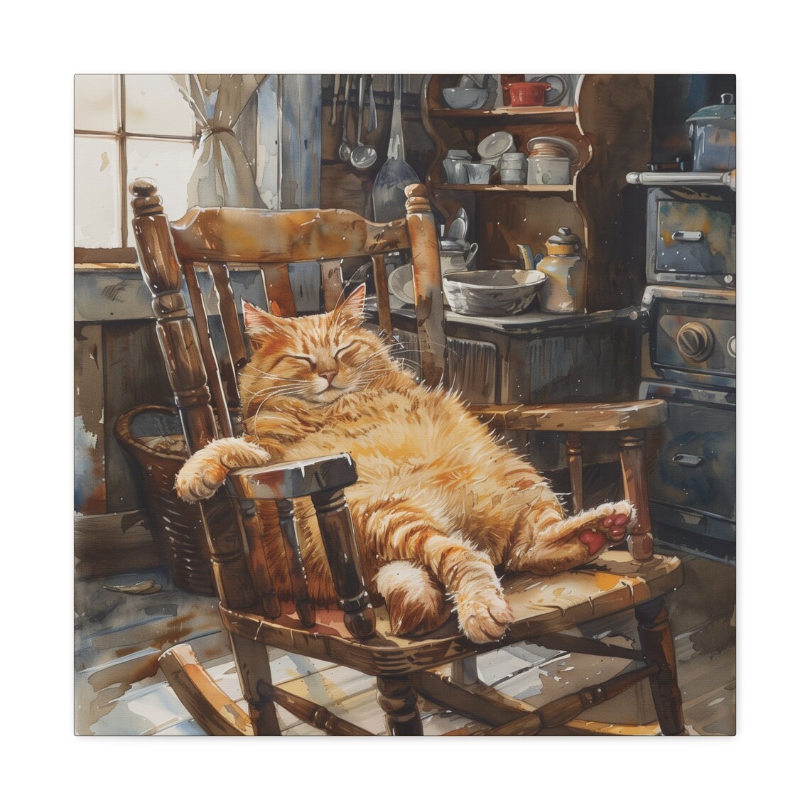 Fluffy Orange Cat Lounging in Wooden Rocking Chair Farmhouse Poster - Image 2