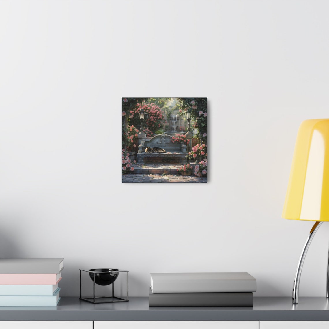 Tabby Cat Napping on Stone Bench in Pink Rose Garden Fountain Poster - Image 7