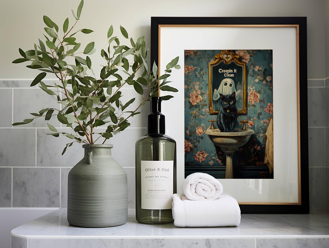 Creepin It Clean Funny Ghost and Black Cat Bathroom Sink Poster - Image 7