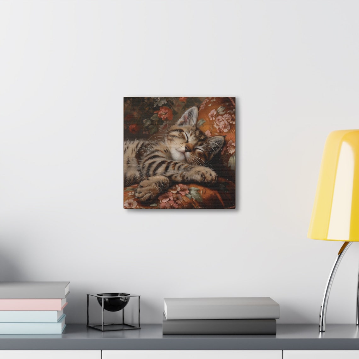 Sleeping Tabby Kitten on Rust Floral Cushion Oil Painting Poster - Image 6