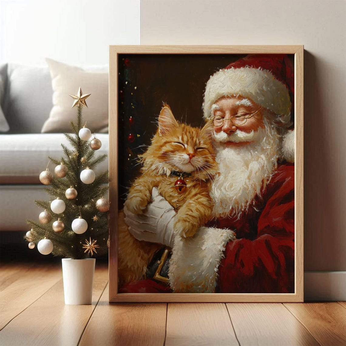 Santa Claus Hugging A Happy Ginger Tabby Cat Christmas Oil Poster - Image 7