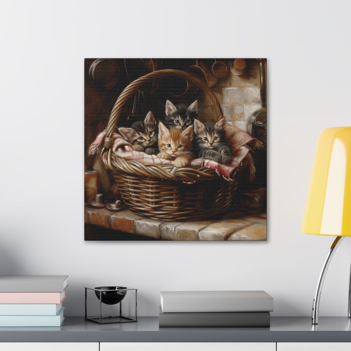 Four Kittens in Wicker Basket Farmhouse Kitchen Oil Painting Poster - Image 3