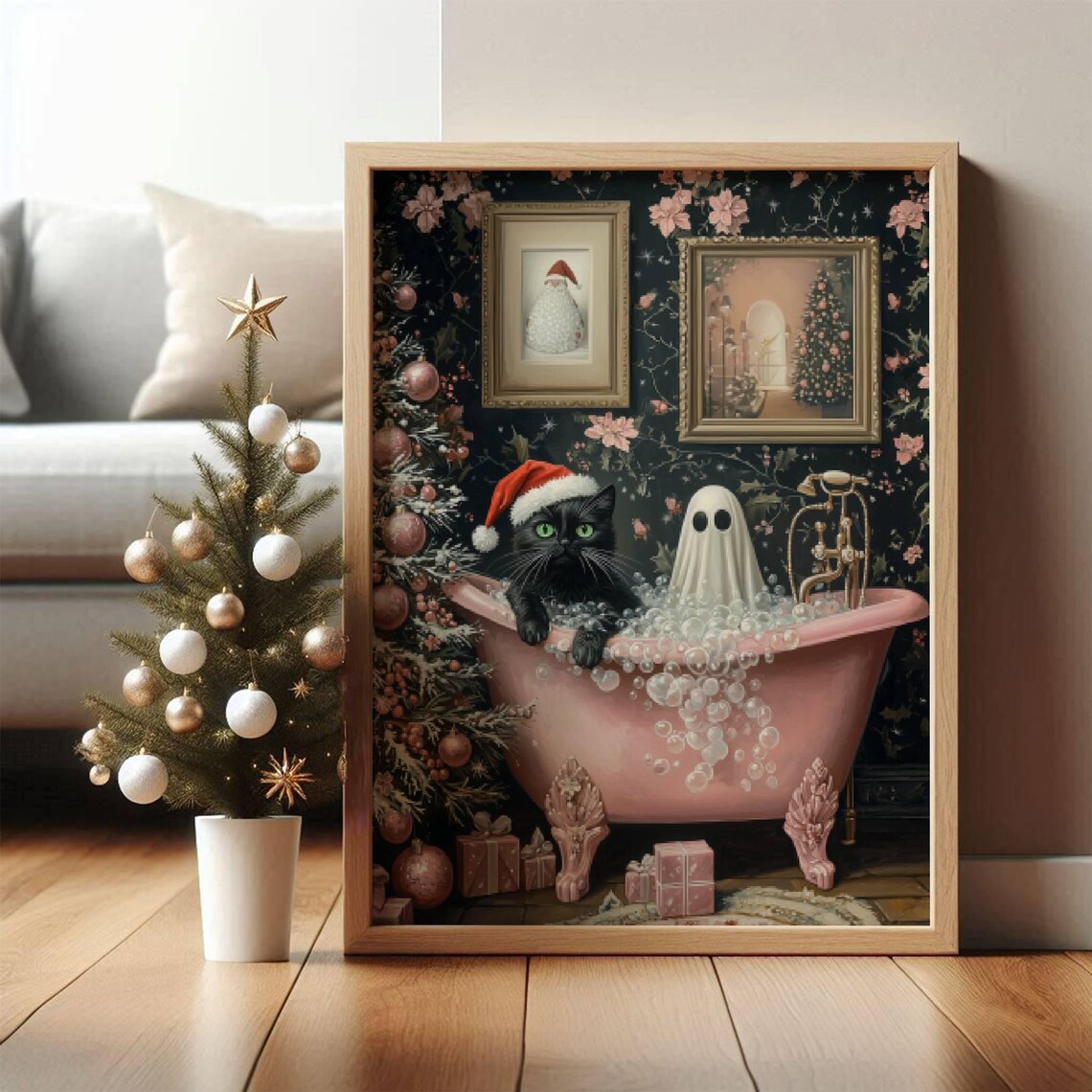 Ghost And Cat Pink Christmas Poster, Spooky Cute - Image 6