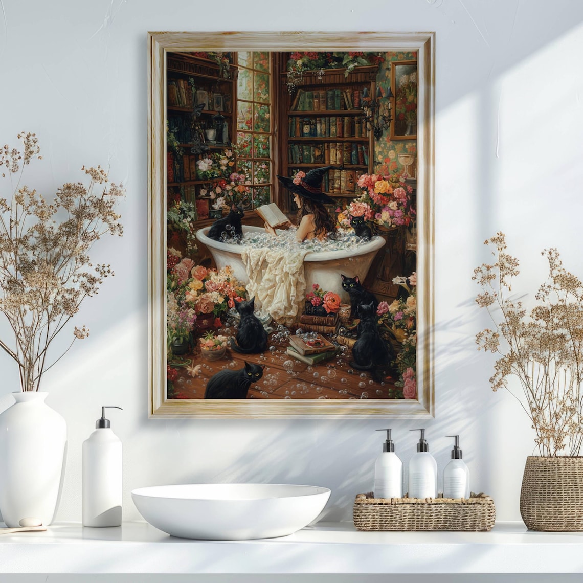 Witch Reading in Bathtub with Black Cats Art Print - Image 6