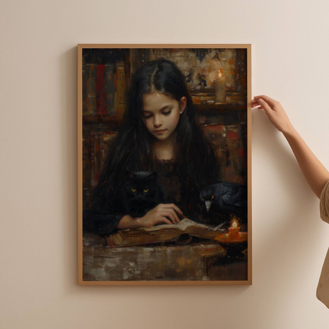 Girl Reading by Candlelight With a Black Cat and Crow Poster - Image 2