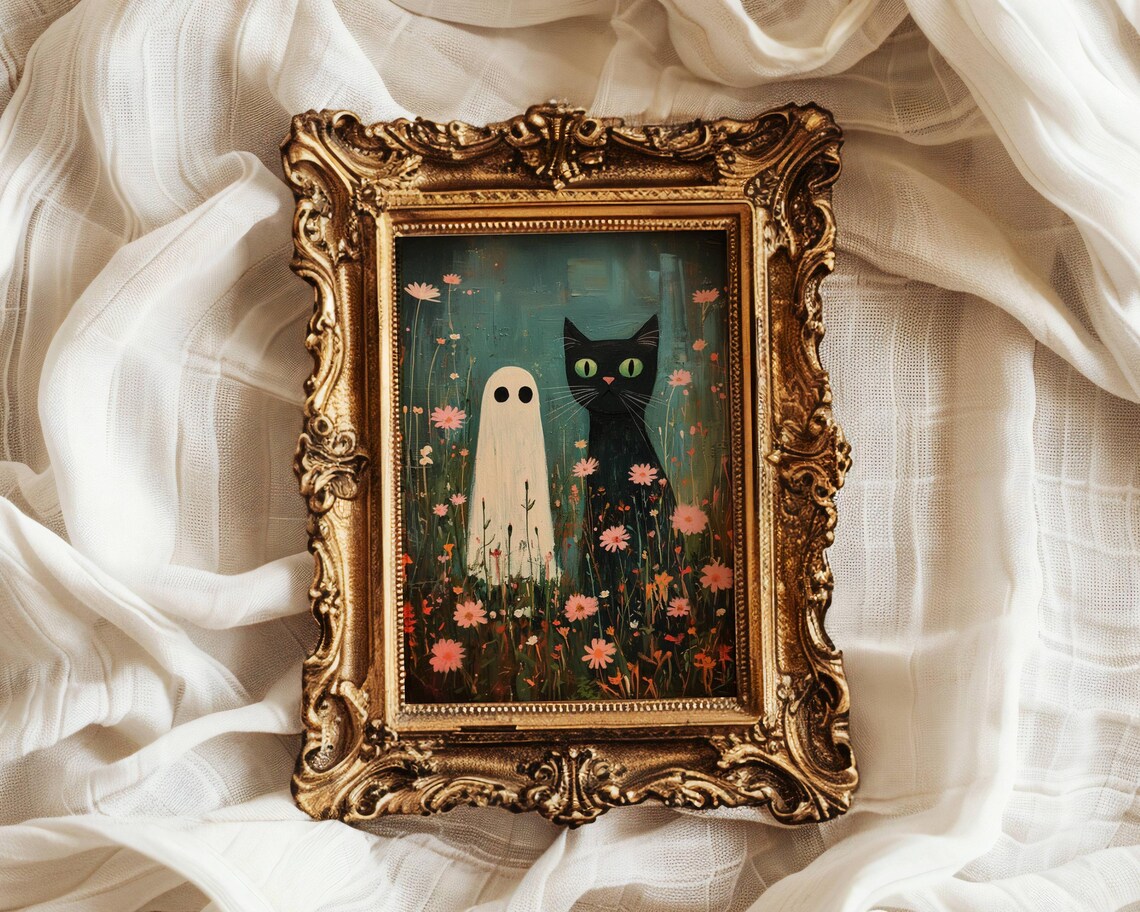 Sweet Ghost and Green-Eyed Black Cat Standing in a Wildflower Meadow Poster - Image 3