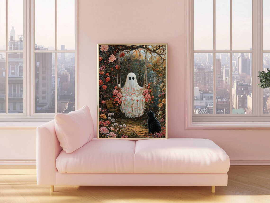 Ghost on Garden Swing and Black Cat, Whimsigoth Art Print - Image 4