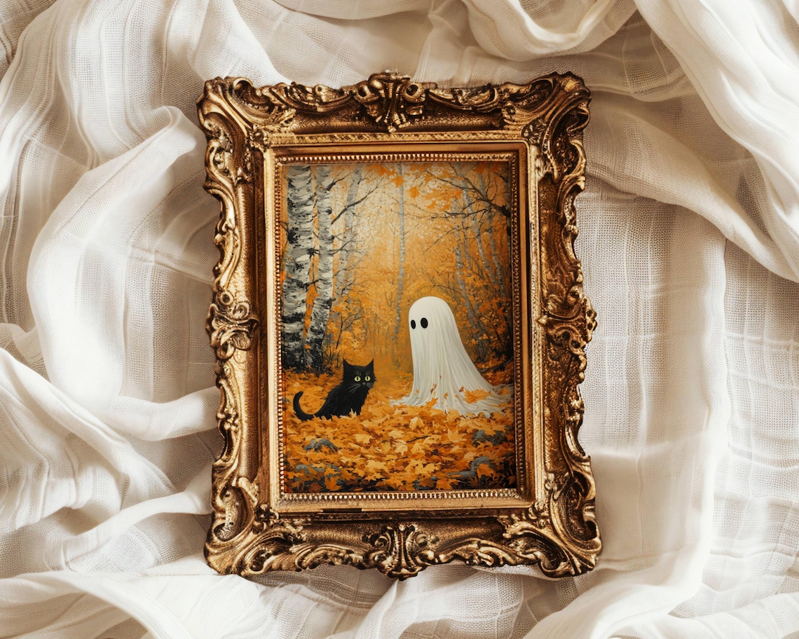 Ghost And Cat In Autumn Leaves, Whimsigoth Halloween Art Print - Image 6