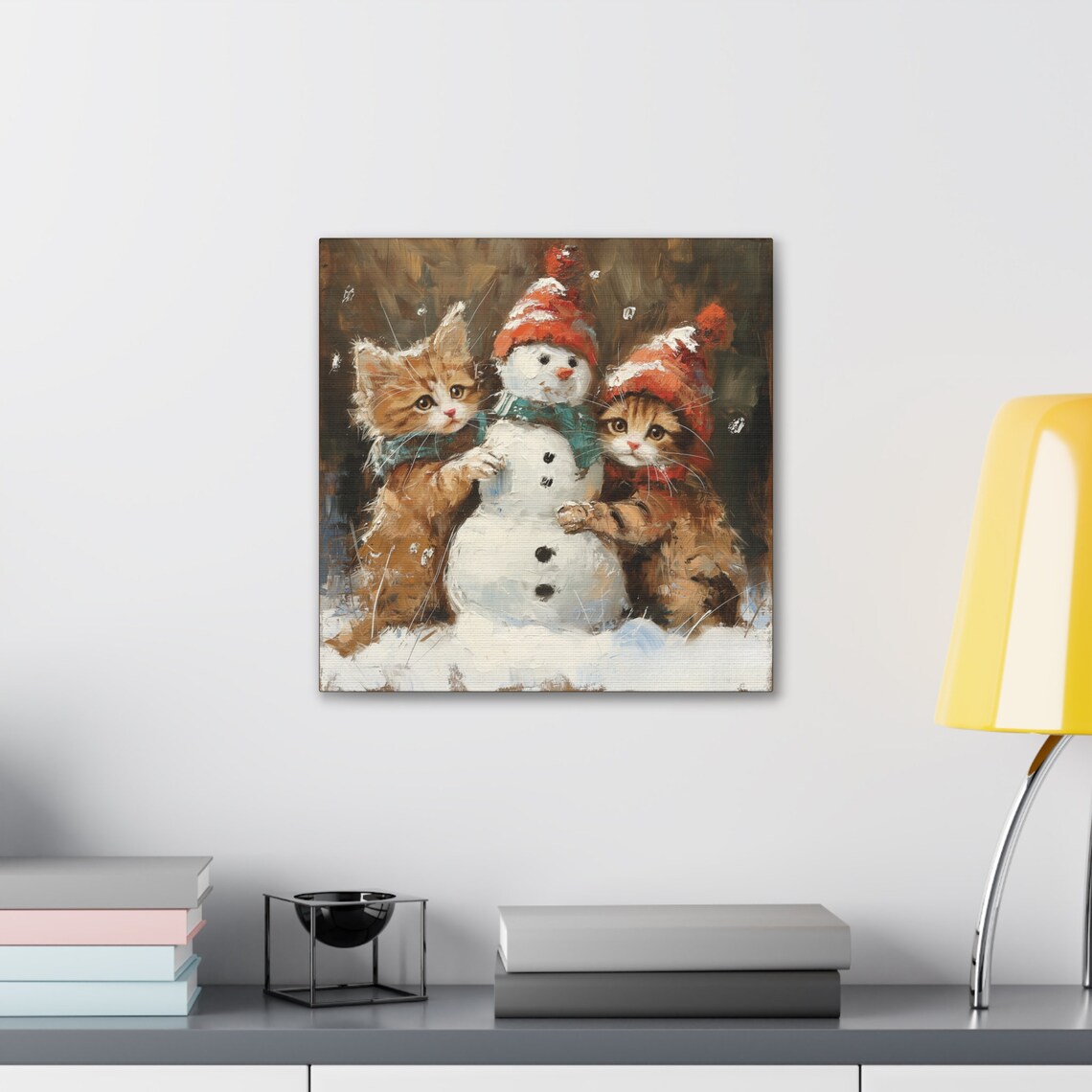 Two Kittens Hugging Snowman Winter Oil Painting Cat Art Poster - Image 3