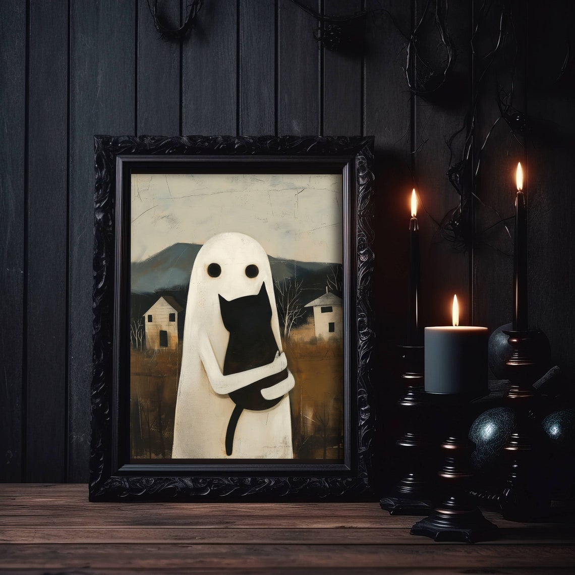 A Friendly Ghost Hugging A Black Cat In A Country Folk Art Poster - Image 4