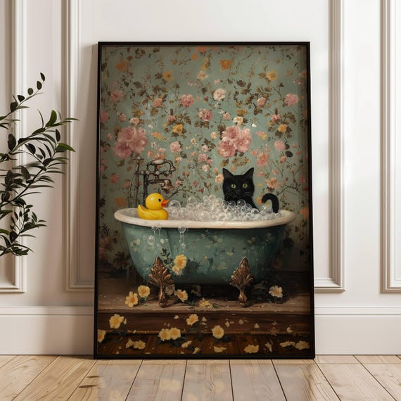Black Cat And Rubber Duck In Bubble Bath Poster Floral Lover Gift Cute Bathroom Art Feline Home Decor Unframed
