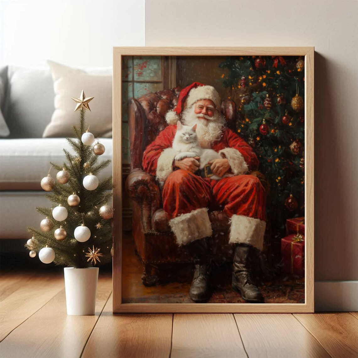 Santa and White Cat Christmas Holiday Art Print - Image 7