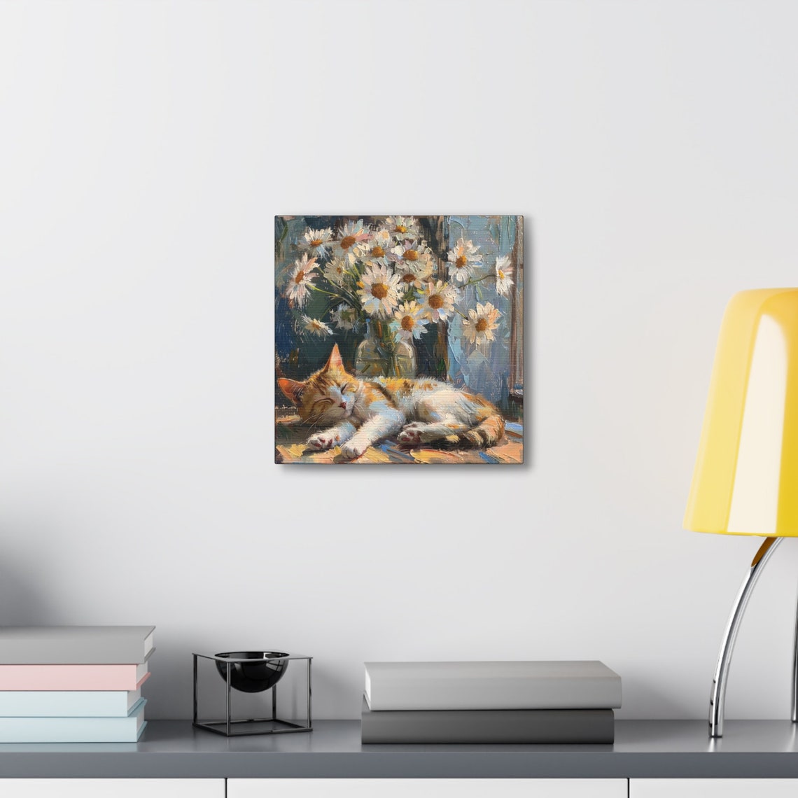 Calico Kitten Sleeping Under a Vase of White Daisy Blooms Poster - Image 4