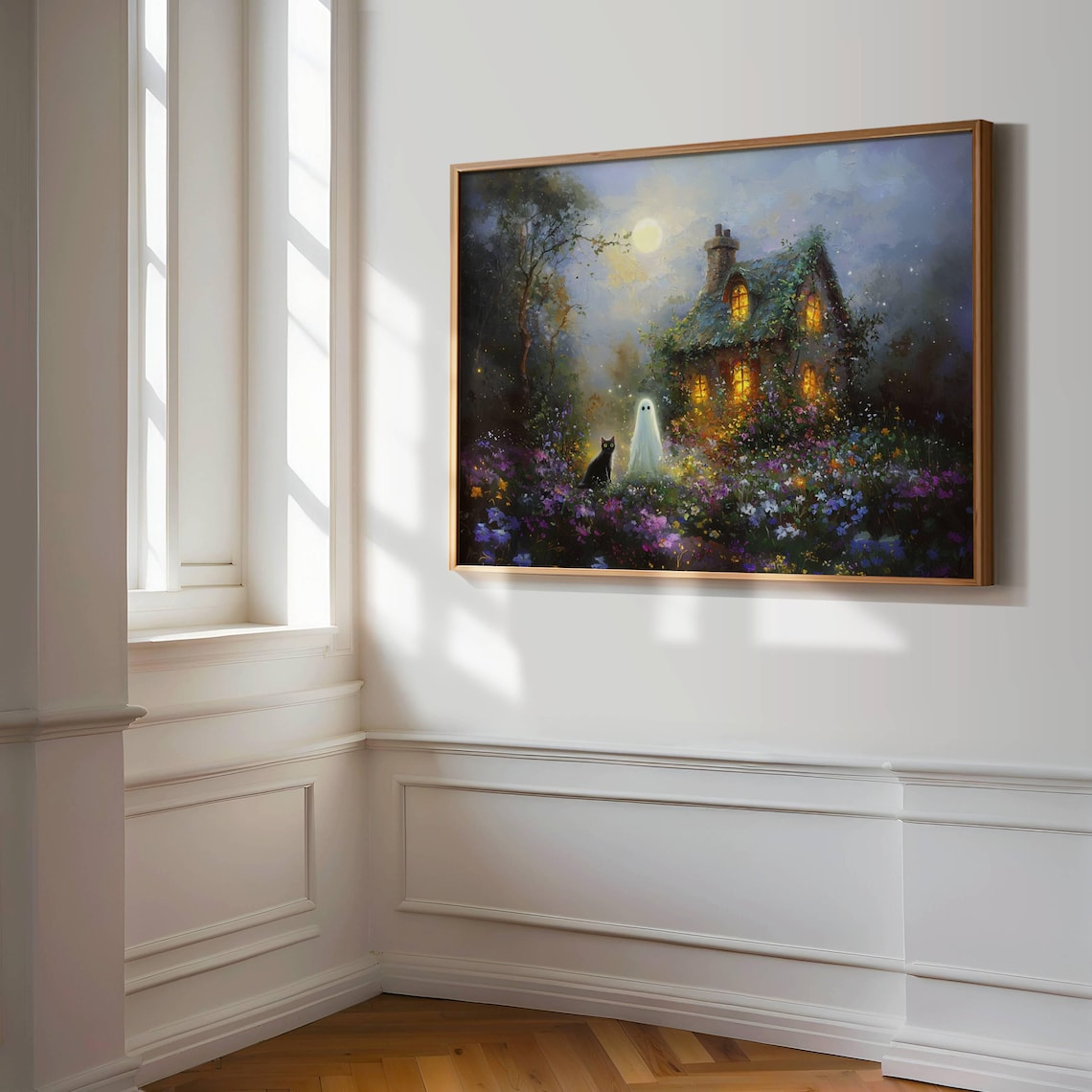 Black Cat and Ghost Cottage, Whimsigoth Art Print - Image 2