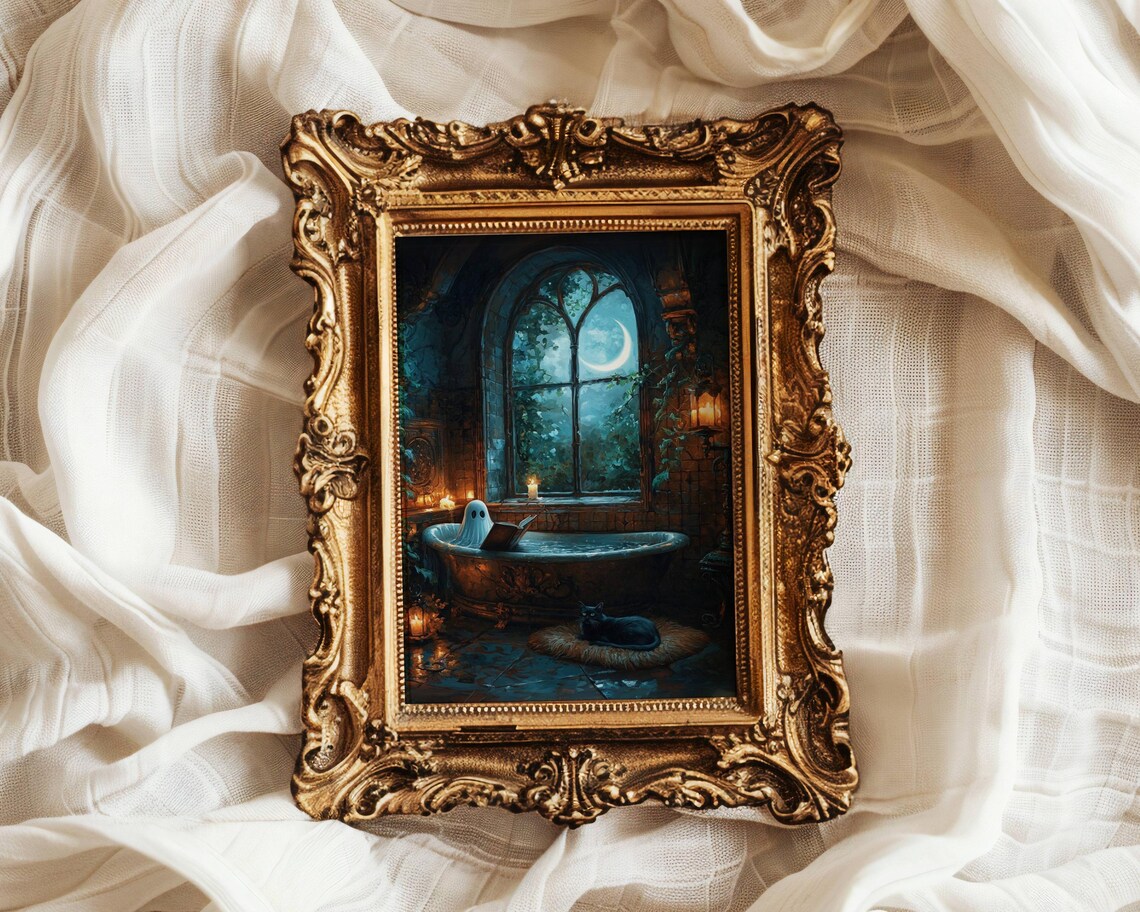 Little Ghost Reading a Book in a Candlelit Bathtub on a Moonlit Night Poster - Image 2