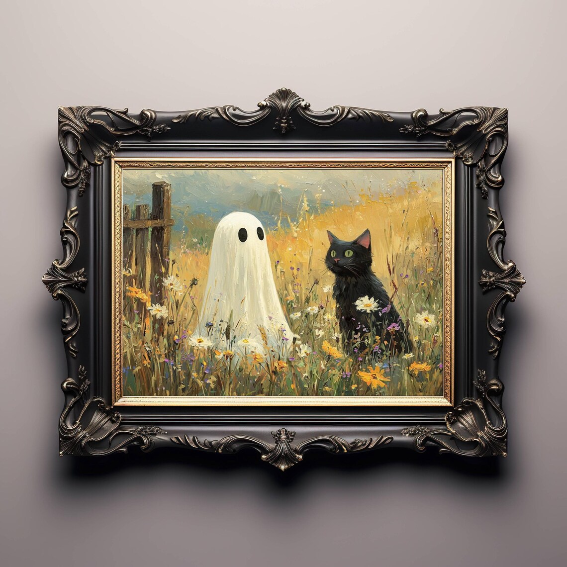 Ghost and Black Cat in Wildflowers Halloween Art Print - Image 7